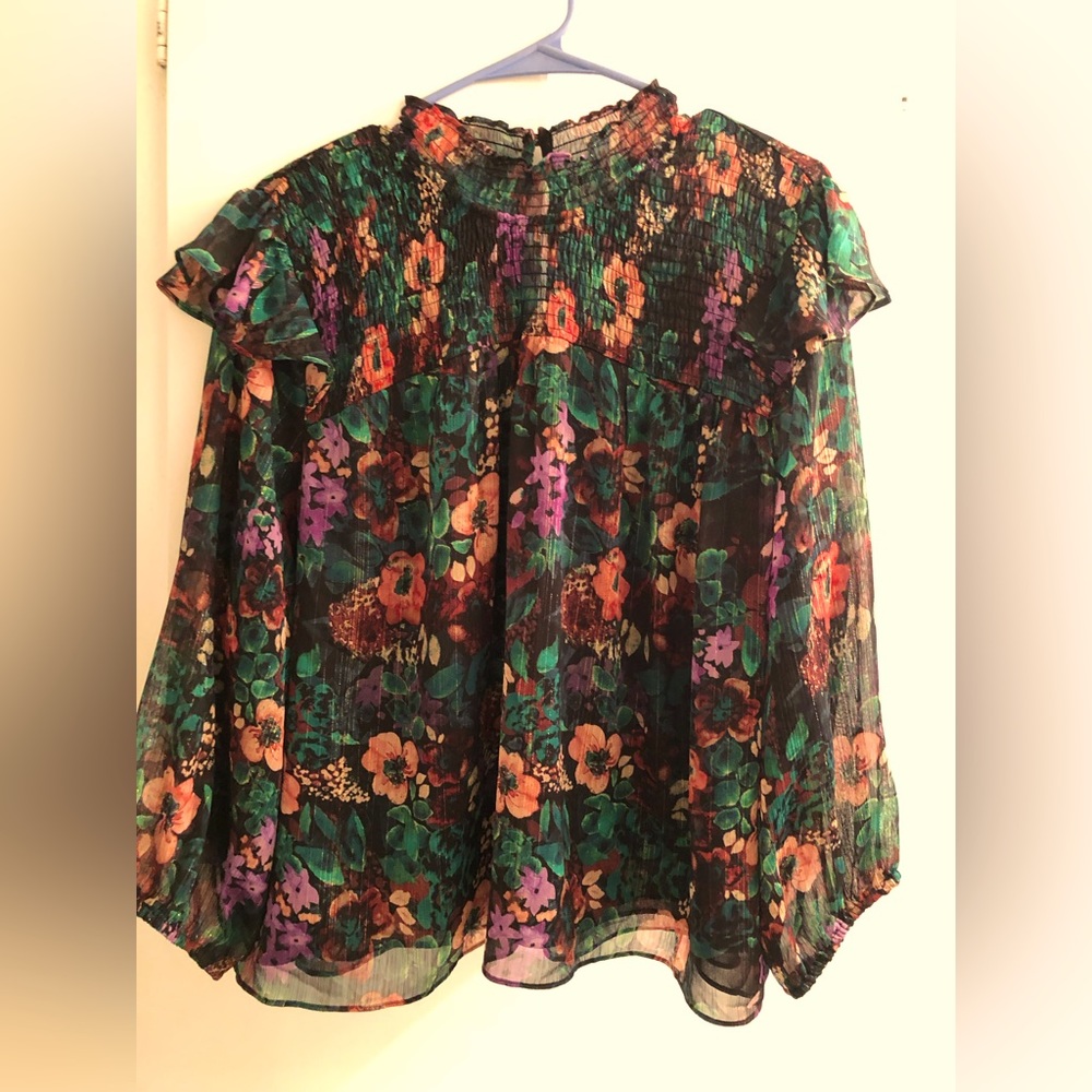 Light weight dressy blouse. Long see though sleeves. High around the neck.